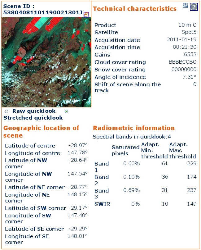Copie d écran de la recherche effectuée sur le catalogue des images des satellites Spo