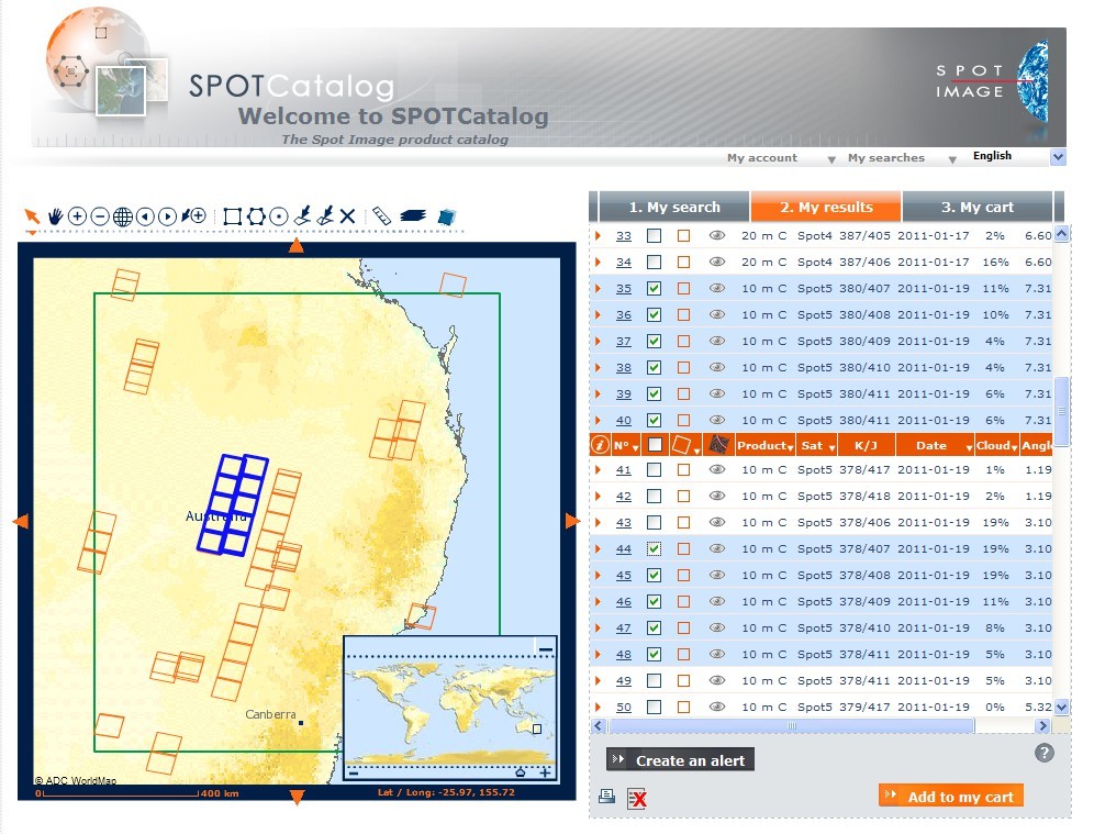 Copie d écran de la recherche effectuée sur le catalogue des images des satellites Spo
